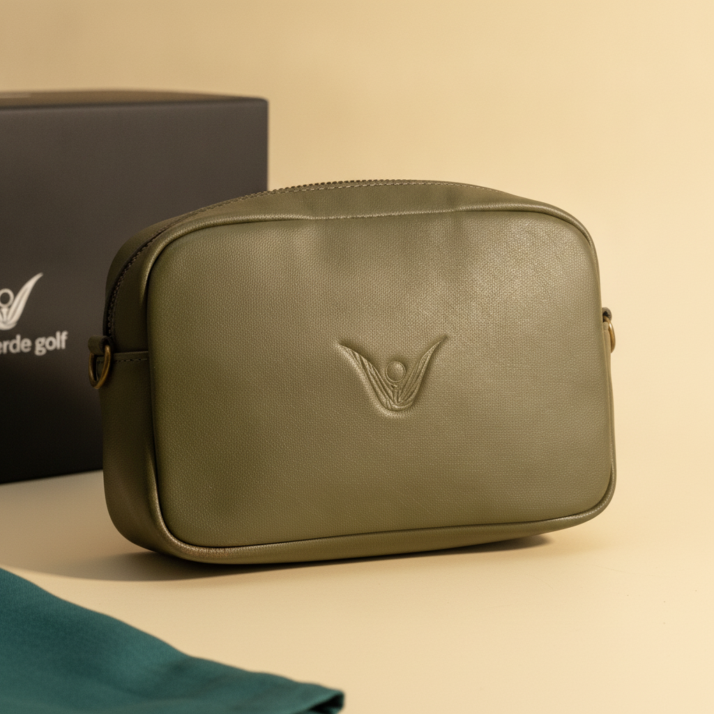 Close-up of a deep green cactus leather pouch with subtle patina, resting on a cream surface, showcasing its luxurious textur