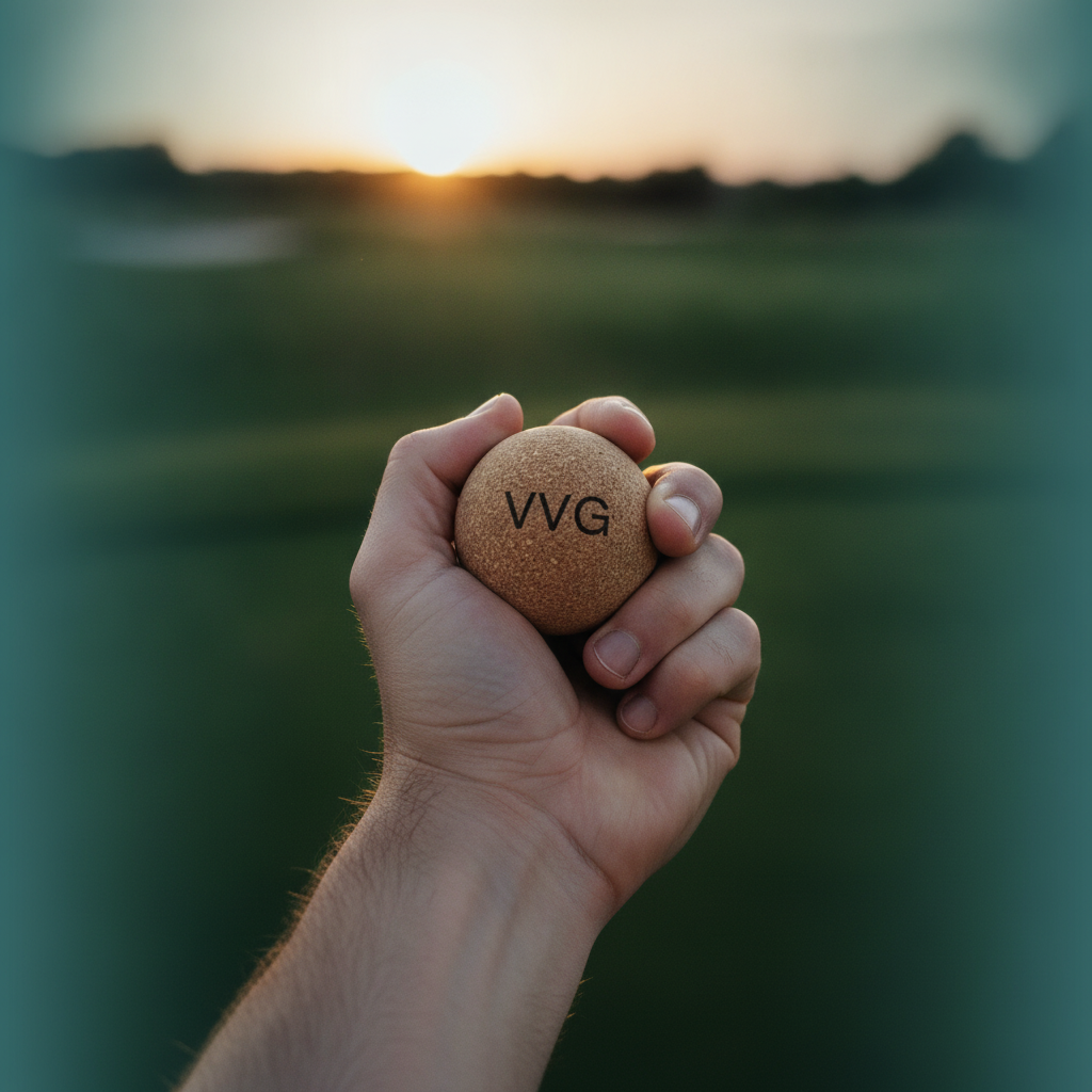 A close-up of a golfer's hand gripping a cork massage ball against a golf course at sunset, showing natural fascia release.