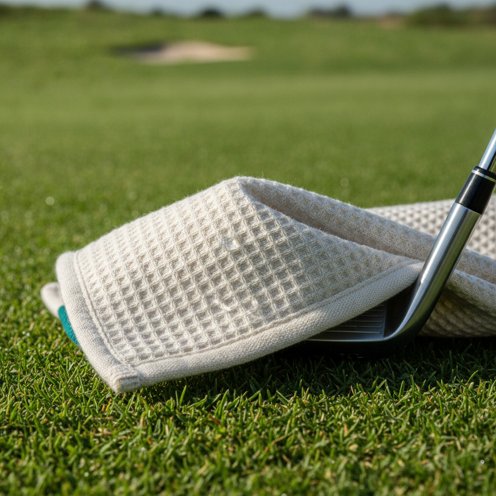 Close-up of an organic waffle golf towel draped over a golf club on a green course, with a water bead on the towel.