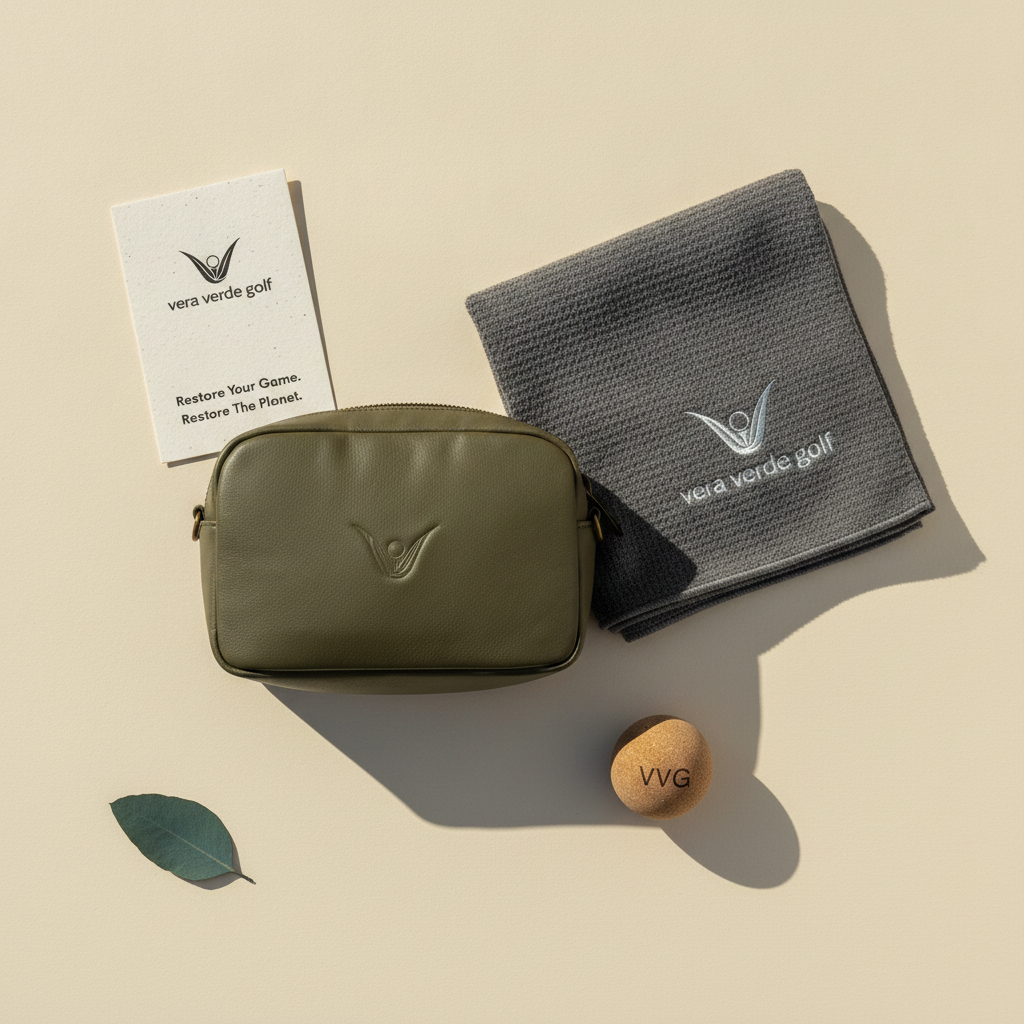 A flat lay of the Signature Recovery Bundle: a dark green cactus leather pouch, a white waffle golf towel, and a cork massage
