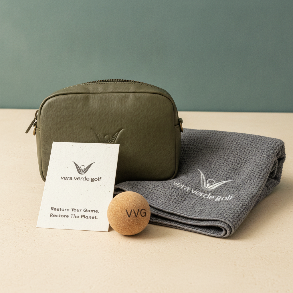 A cactus leather pouch, waffle golf towel, cork massage ball, and seed paper guide arranged on a cream surface with a teal ac