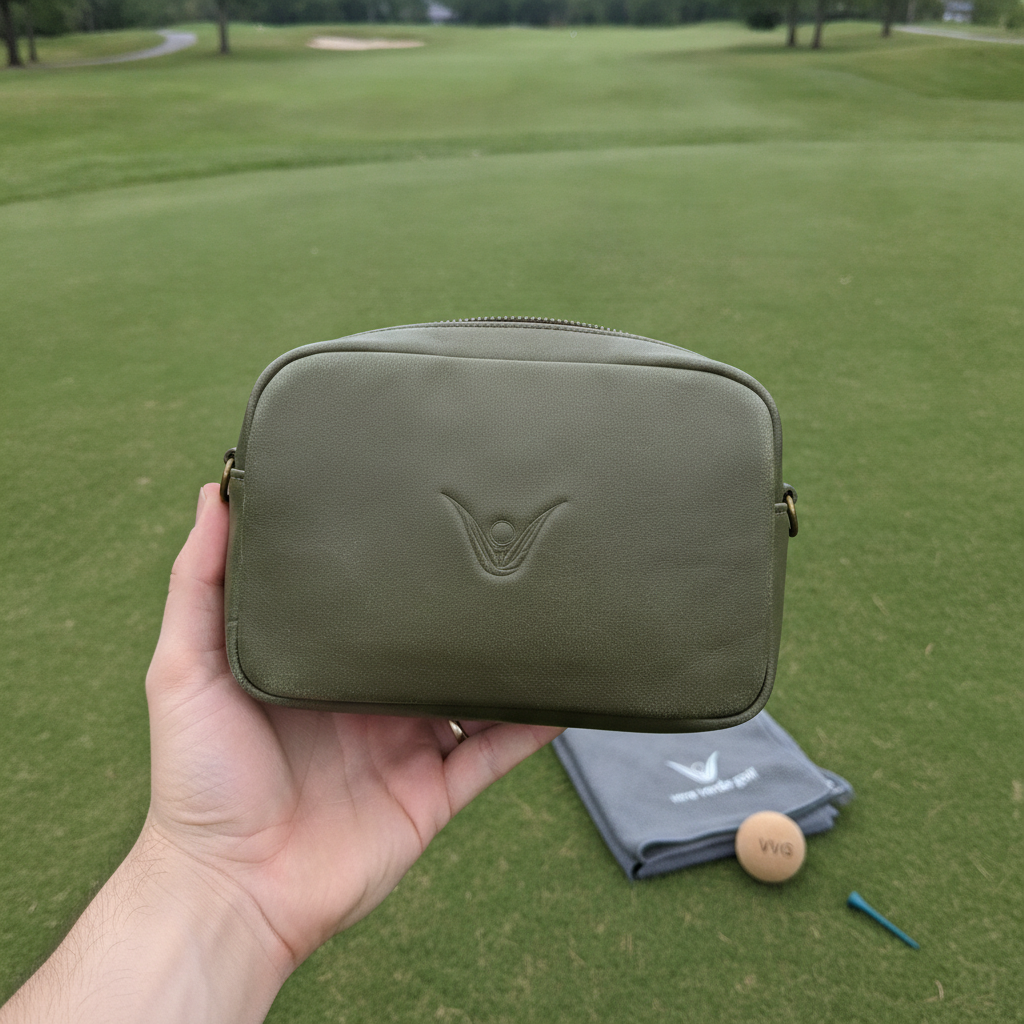 Golfer's hand holding a Vera Verde cactus leather pouch on a golf course, showing its aged texture. A golf towel and massage 